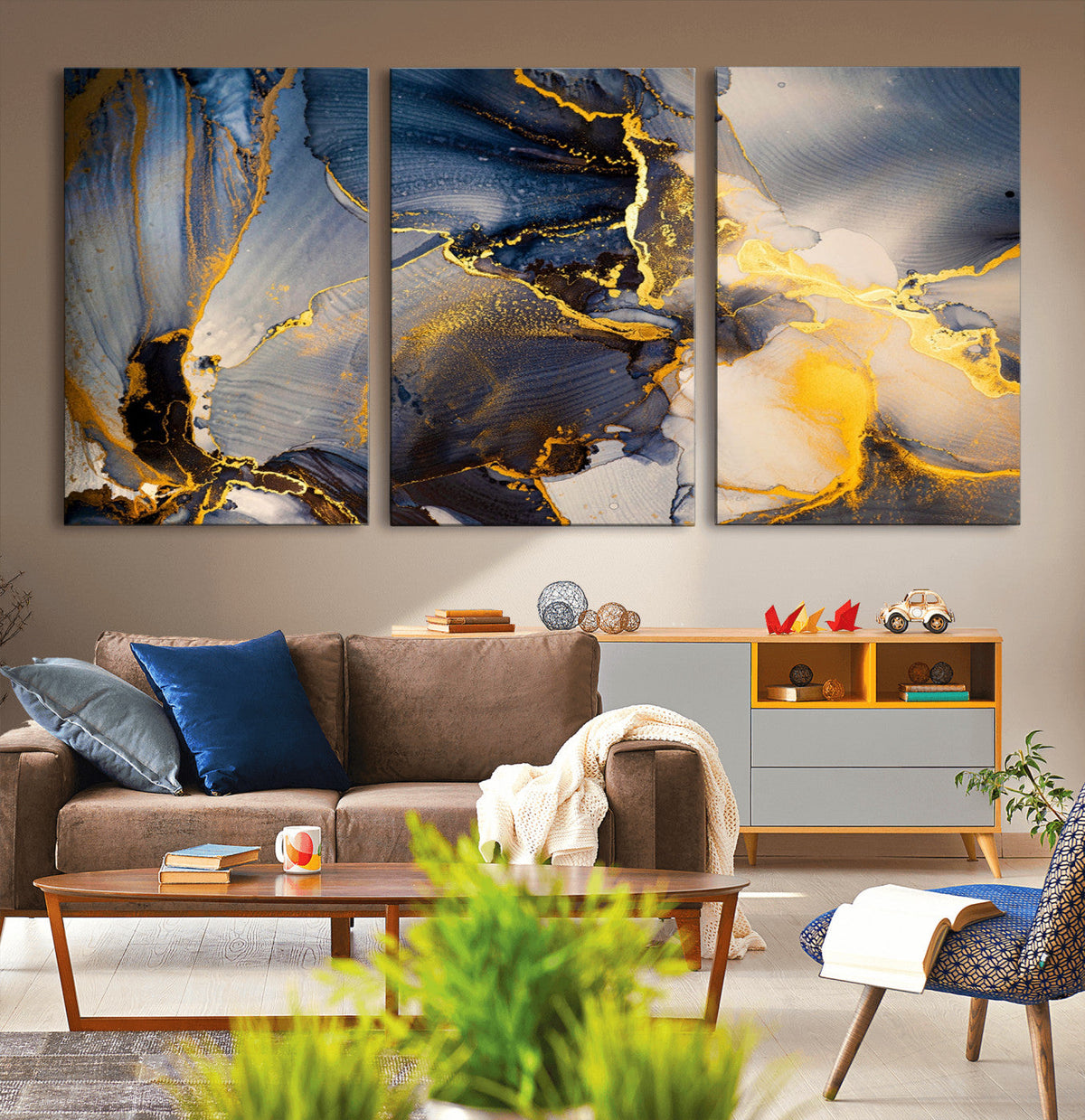 Large Abstract Wall Art Print -  Gold and Blue Abstract