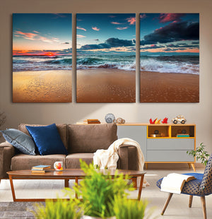 Sunset on Beach Wall Art Ocean Beach Canvas Print