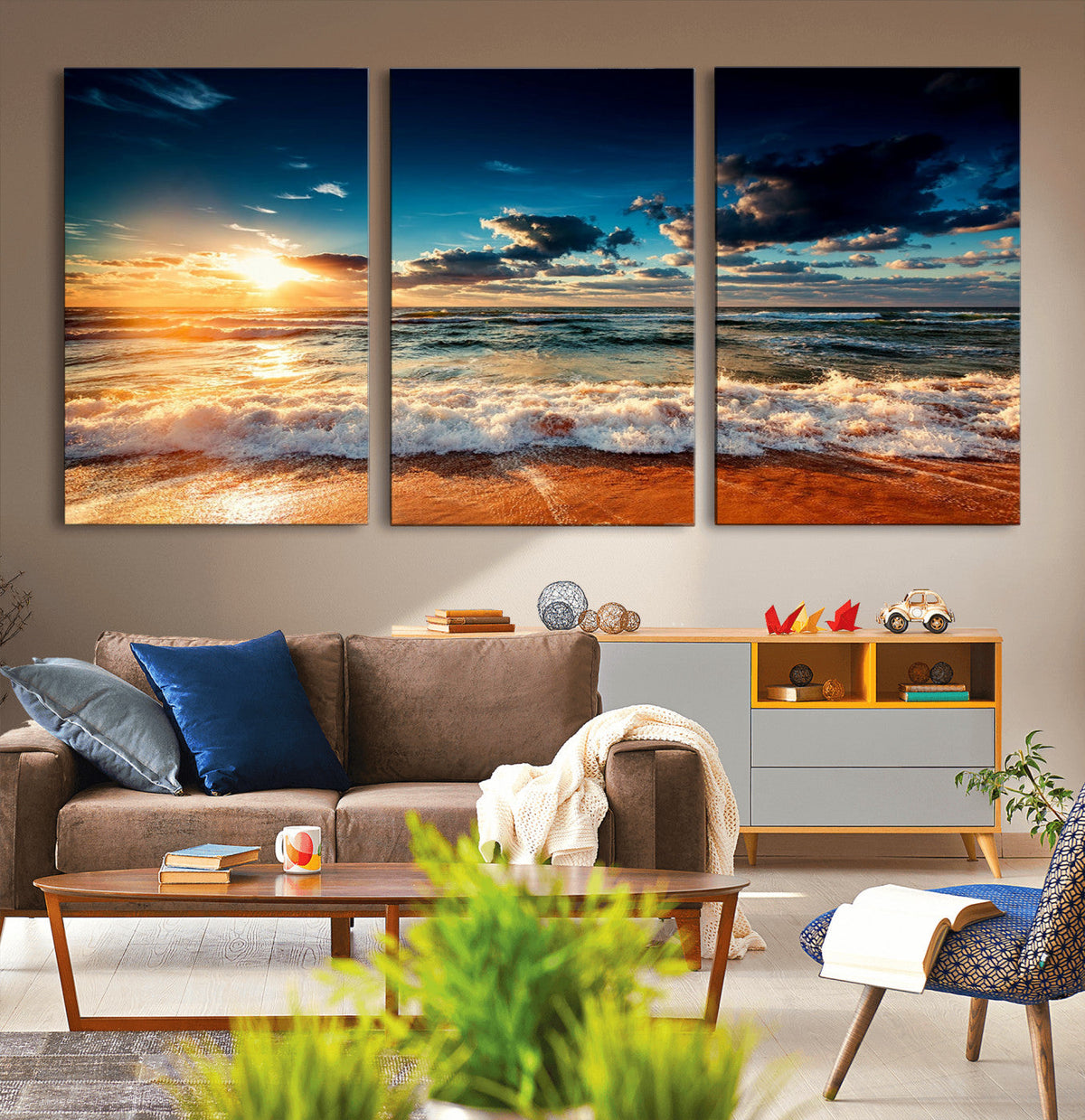 Golden Hour Sunset Over Ocean Waves Wall Art Canvas Print |