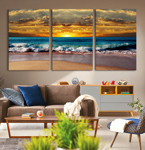 Ocean Sunrise Over Golden Beach Waves, Giclee Canvas Wall