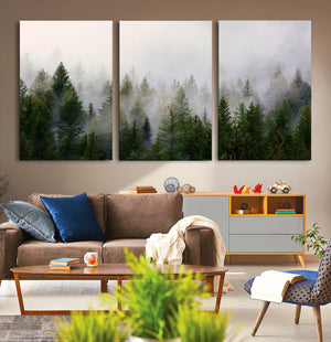 Misty Pine Forest Wall Art Canvas Print | 3 Panel Green