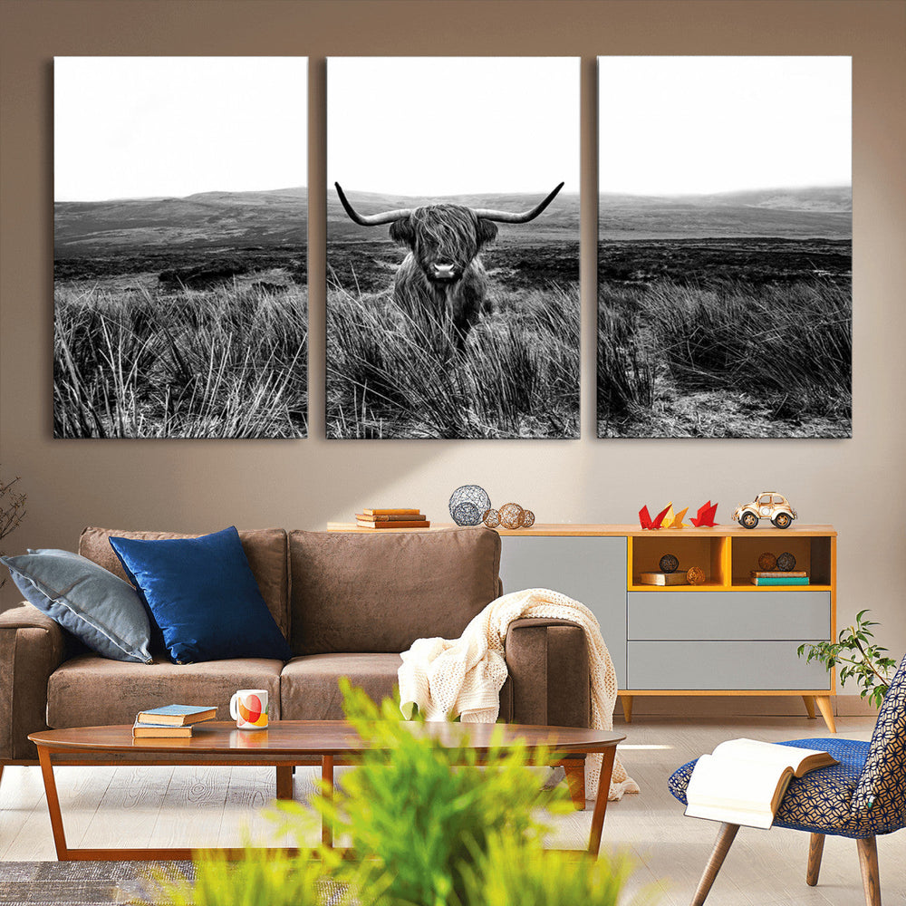 Black and White Highland Cow Canvas Wall Art, Longhorn