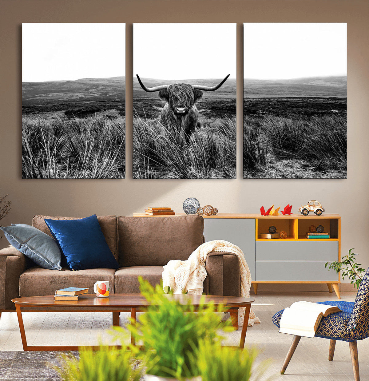 Black and White Highland Cow Canvas Wall Art, Longhorn