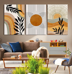 Modern Boho Sun and Leaf Abstract Art – 3-Panel Giclée