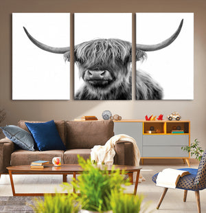 Grayscale Scottish Highland Cow Cattle Art Print Farmhouse