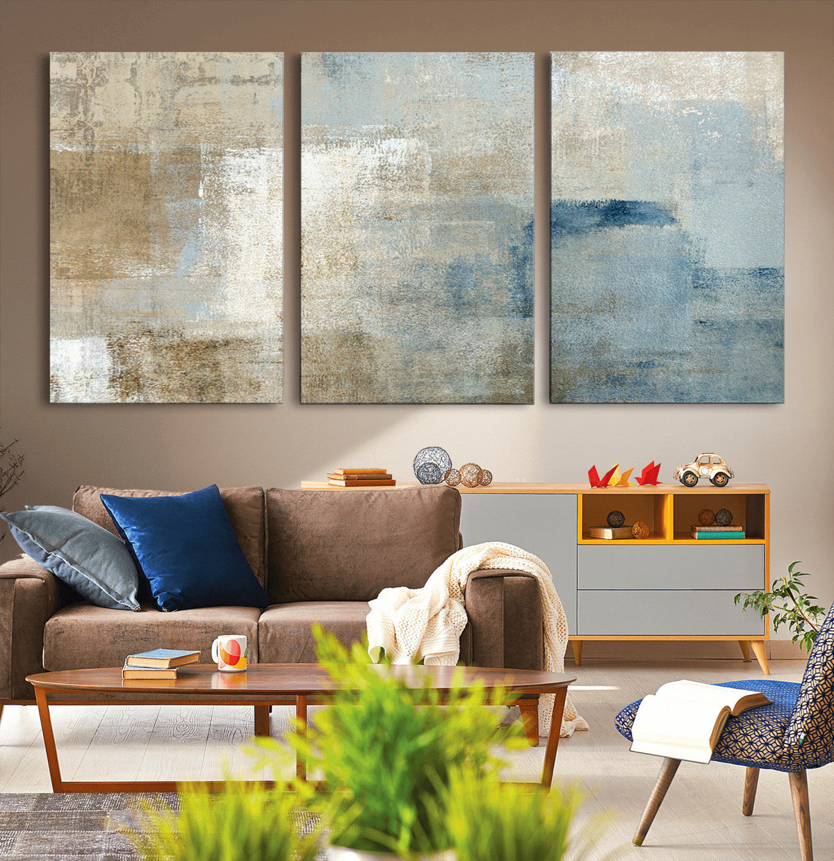 Abstract Blue and Beige Wall Art, Modern Minimalist Canvas