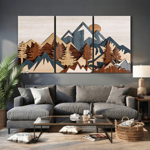 Rustic Abstract Wood Panel Effect Canvas Mountain Range Top