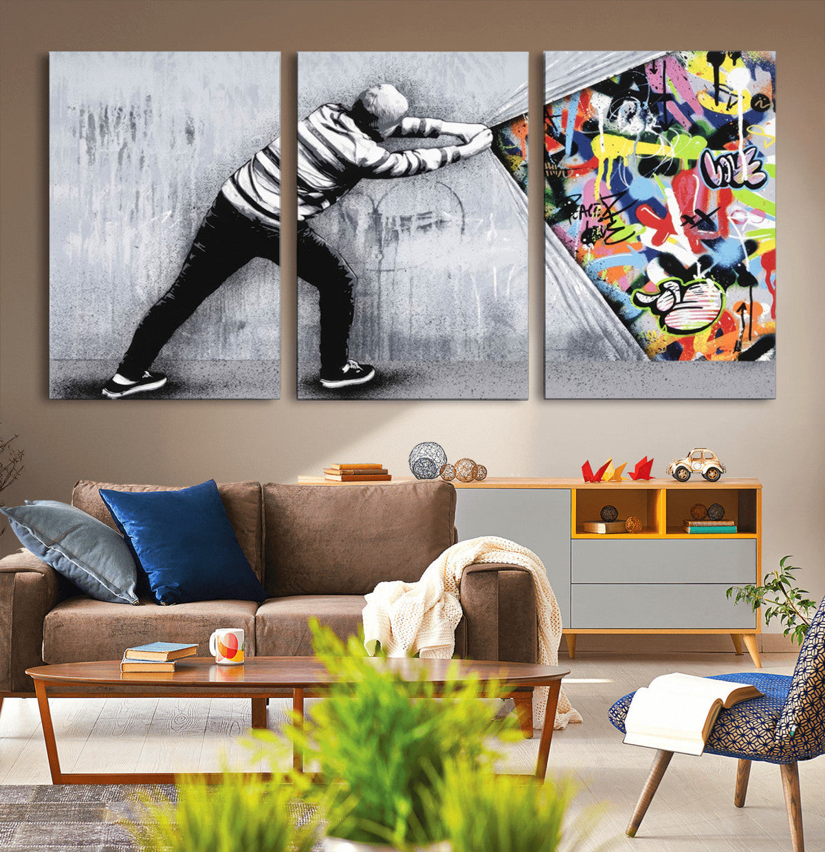 Banksy Art Behind the Curtain Street Wall Art Canvas Print |