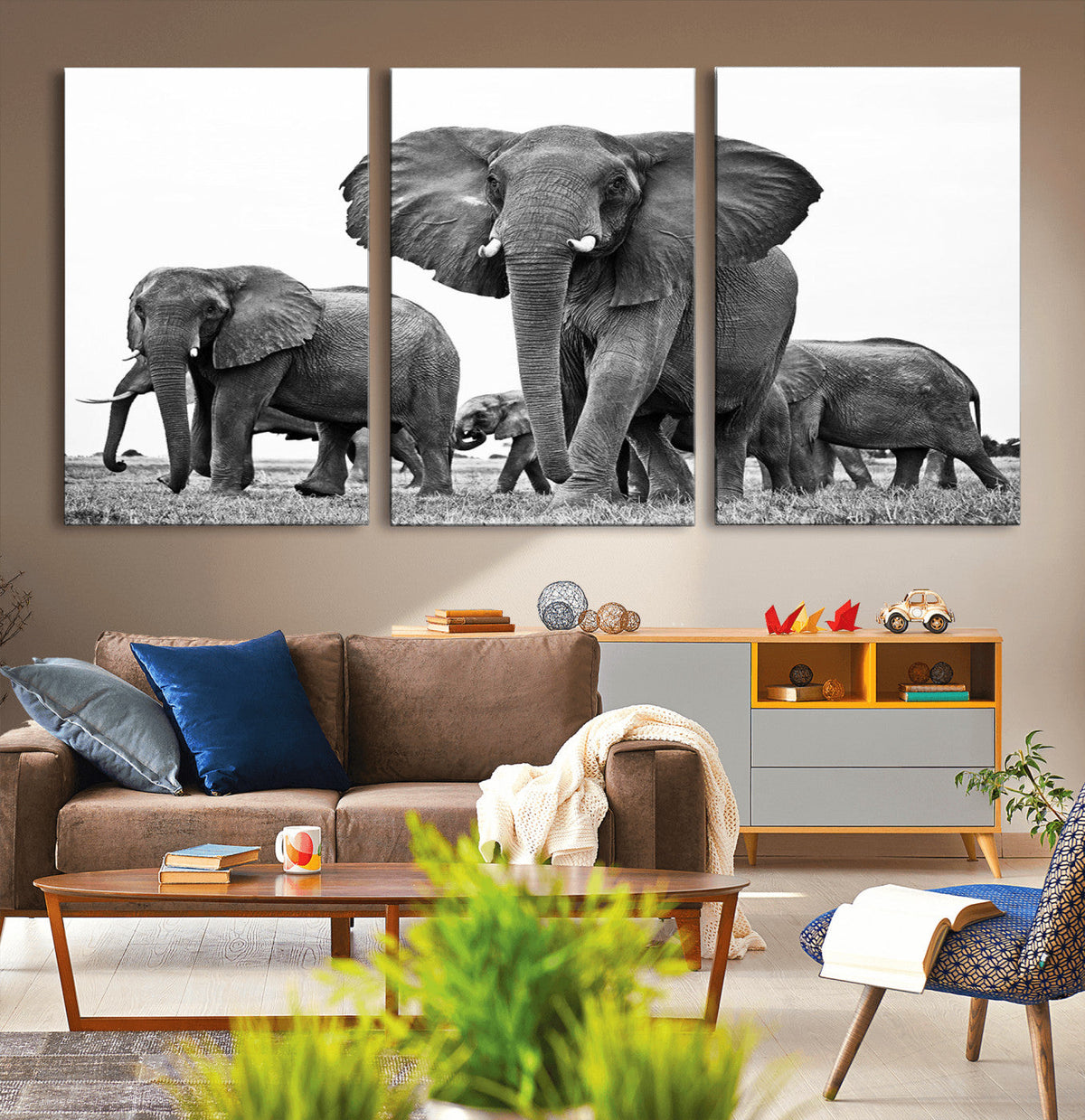 Black White Elephant Family Wall Art Canvas Print