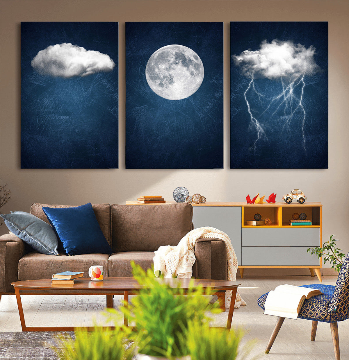 Dark Blue Cloud Art, 3 Piece Indigo Blue Wall Art, Aesthetic
