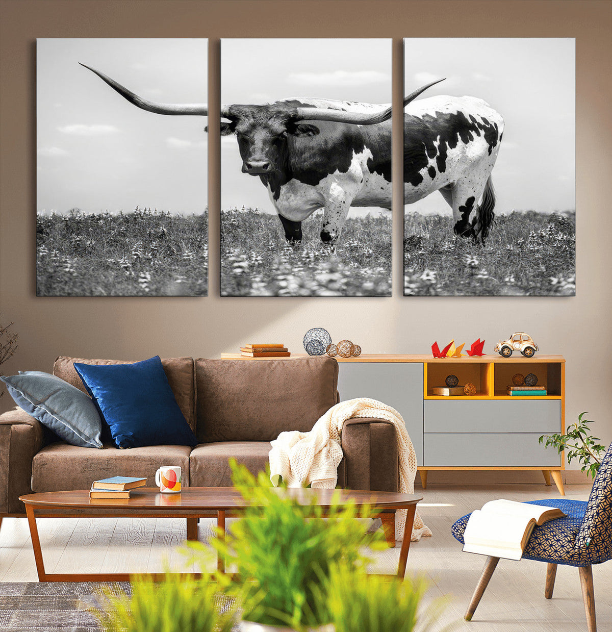 Texas Black White Highland Longhorn Cow Wall Art Canvas