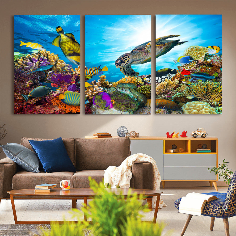 Colorful Coral Reef and Sea Life Turtle Canvas Print,