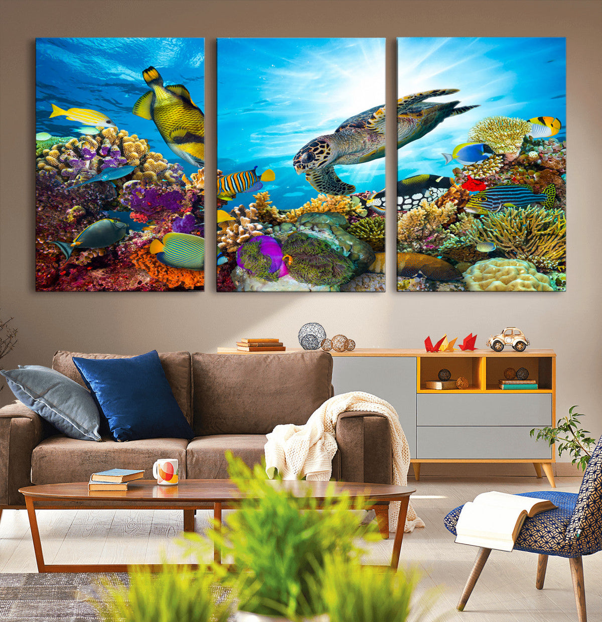 Colorful Coral Reef and Sea Life Turtle Canvas Print,