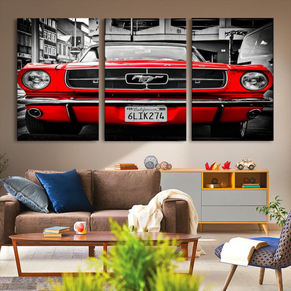 Red Mustang Car Wall Art – Framed Classic Vehicle Canvas