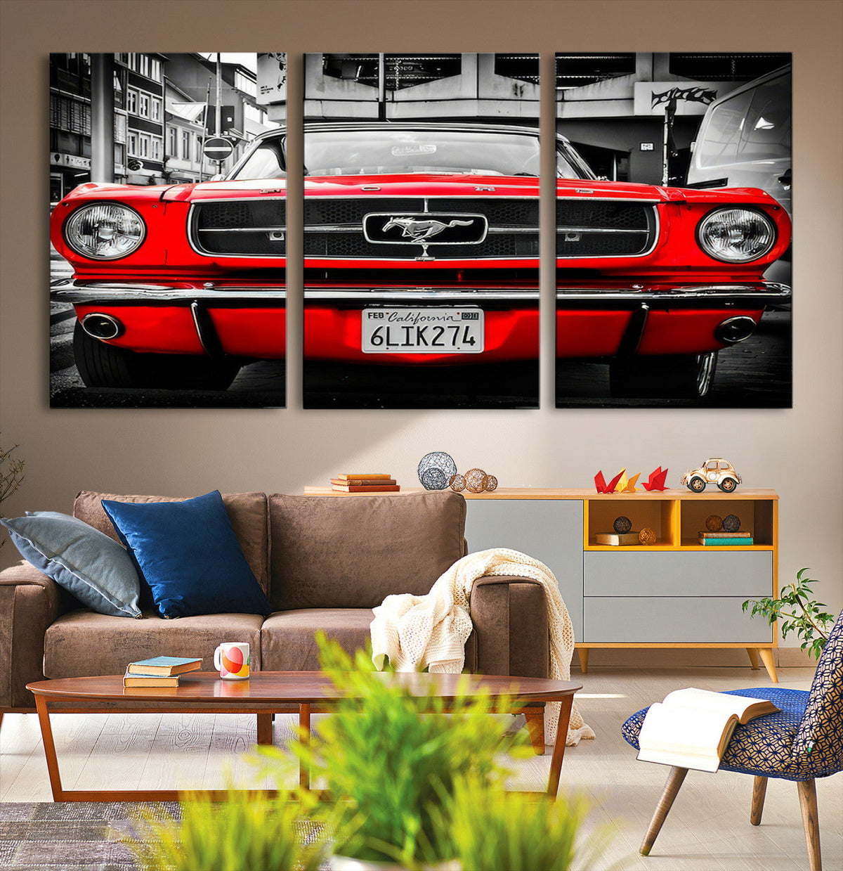 Red Mustang Car Wall Art – Framed Classic Vehicle Canvas