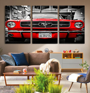 Red Mustang Car Wall Art – Framed Classic Vehicle Canvas