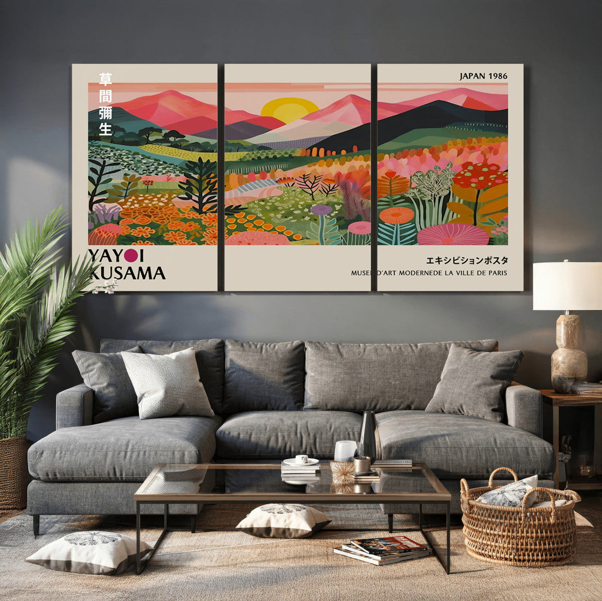 Yayoi Kusama Landscape Canvas Print, Vibrant Floral Mountain Art Print, Framed Botanical Wall Art -