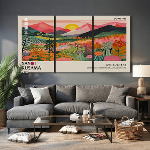 Yayoi Kusama Landscape Canvas Print, Vibrant Floral Mountain Art Print, Framed Botanical Wall Art -