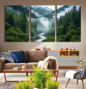 Mountain Forest River Canvas Wall Art Print - Serene Nature