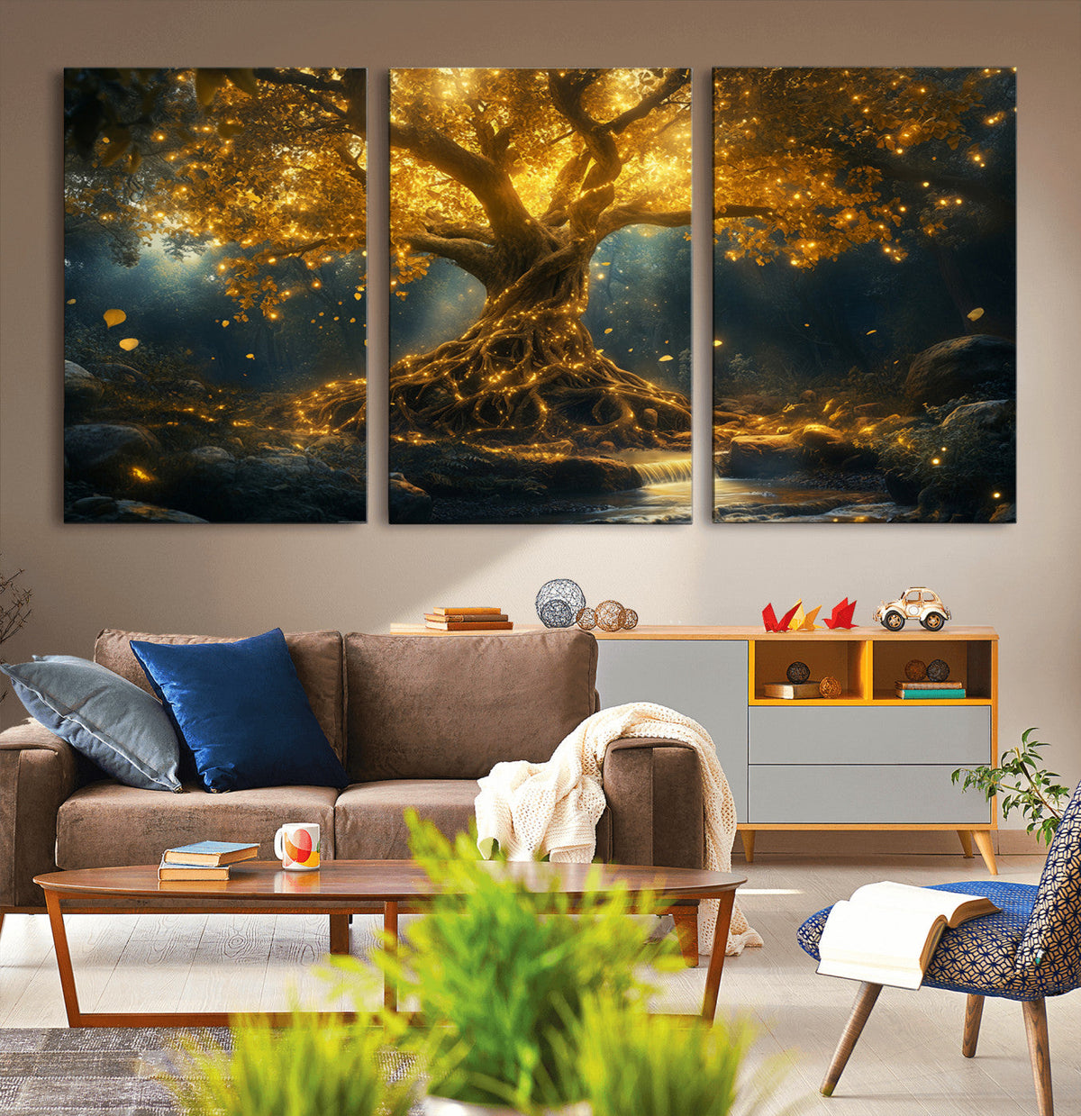 Golden Tree of Life Canvas Wall Art Print - Majestic Glowing
