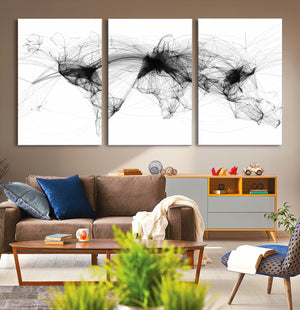 Abstract World Map Wall Art – Framed Geometric Line Canvas