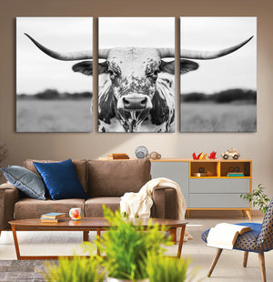 Highland Cow Wall Art Canvas Print – Black and White Western
