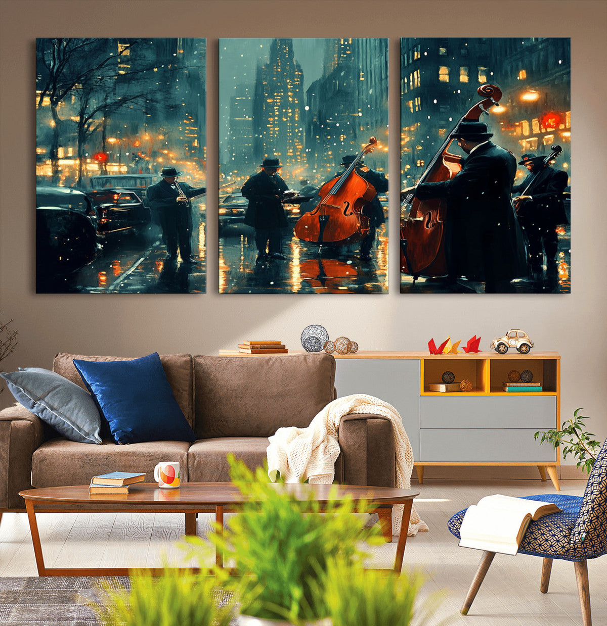 Urban Night Jazz Wall Art Canvas Print – Moody Rain-Soaked