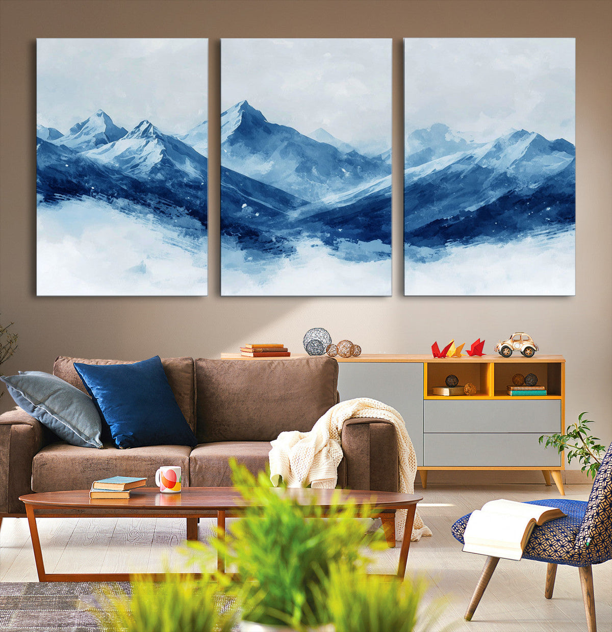 Blue Mountains Wall Art – Framed Snowy Range Canvas Artwork,