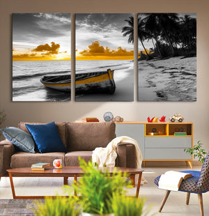 Yellow Rowboat Wall Art – Framed Tropical Shoreline Canvas