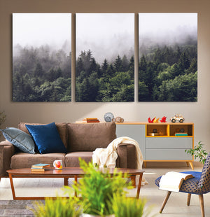 Misty Forest Wall Art Canvas Print, Serene Foggy Pines and