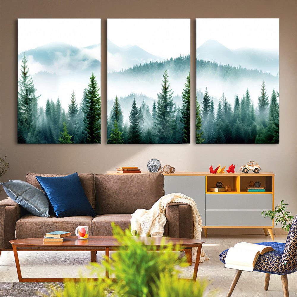 Pine Forest Wall Art Canvas Print – Misty Mountains Foggy