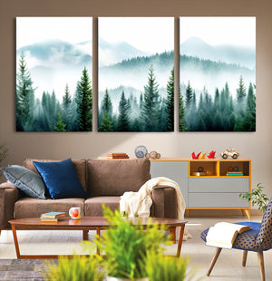 Pine Forest Wall Art Canvas Print – Misty Mountains Foggy