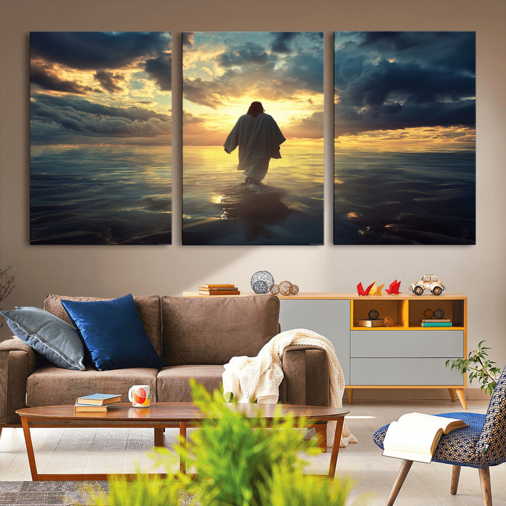 Jesus Walks Wall Art Canvas Print Framed Divine Sunset Art