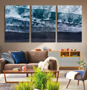 Black Beach Wall Art Canvas Print – Framed Aerial Ocean View
