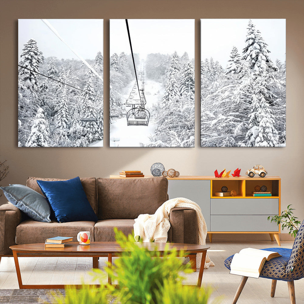 Snowy Ski Lift Wall Art – Framed Winter Mountain Canvas