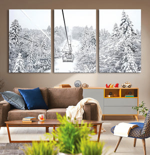 Snowy Ski Lift Wall Art – Framed Winter Mountain Canvas