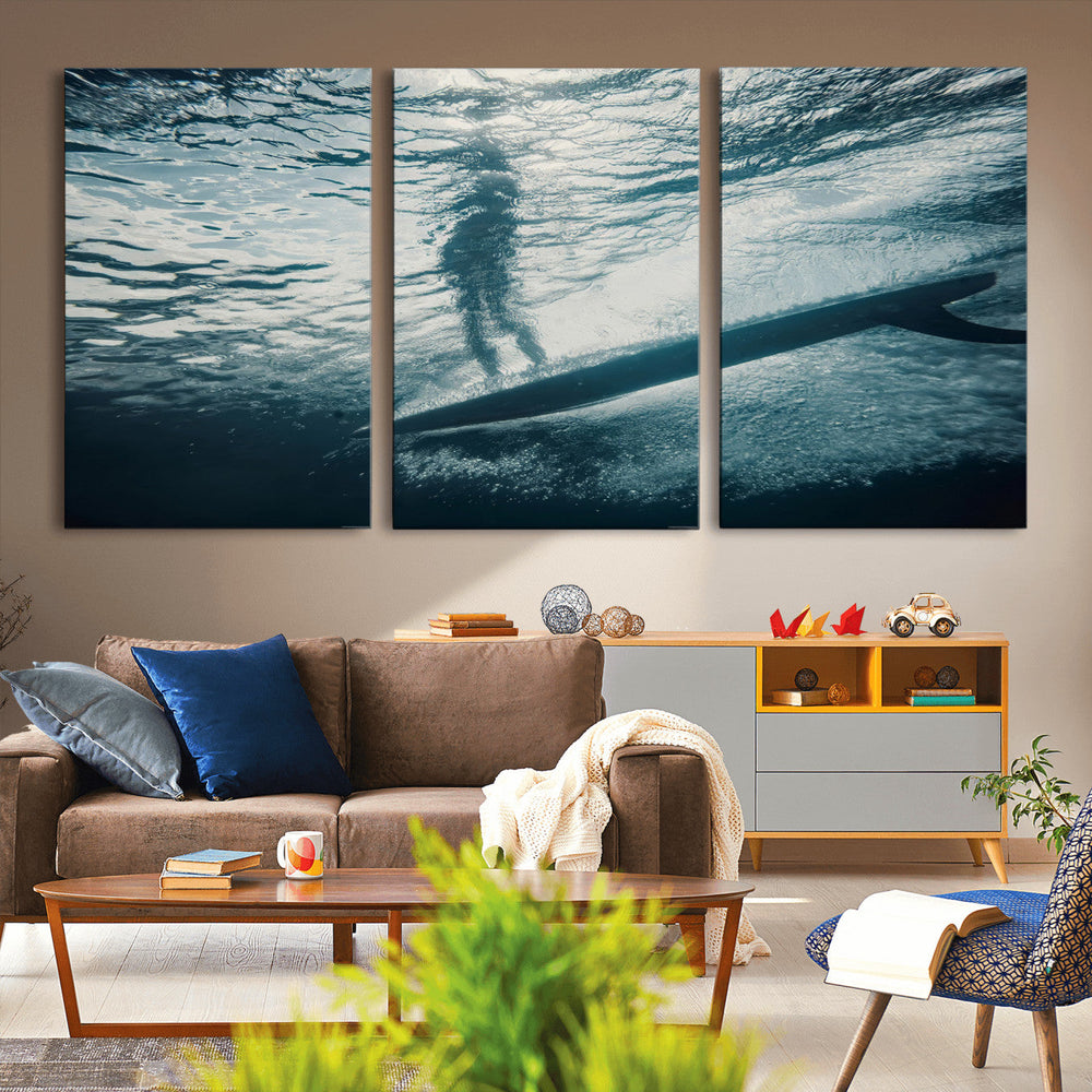 Underwater Surf Wall Art – Framed Ocean Wave Canvas Artwork,