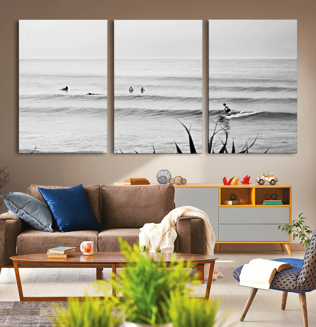 Surfer Silhouette Wall Art – Framed Calm Ocean Canvas
