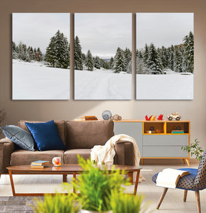 Frosty Pines Wall Art Canvas Print – Framed Silent Snowfall