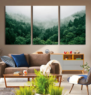 Misty Green Forest Canvas Print – Framed Serene Foggy Pine