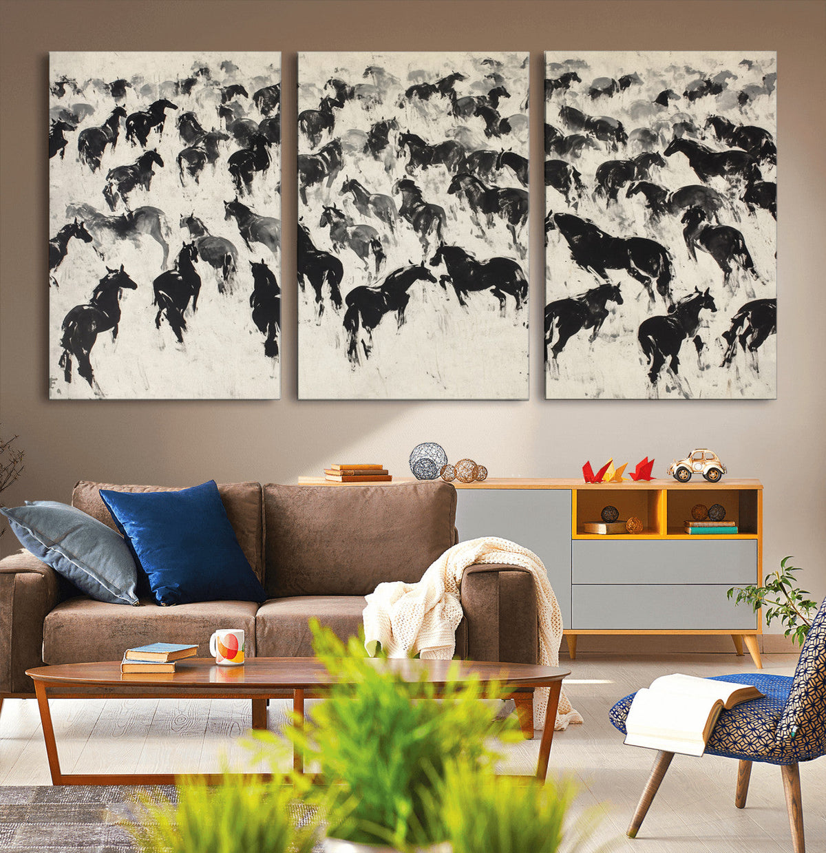 Wild Horse Stampede Wall Art Canvas Print – Monochrome