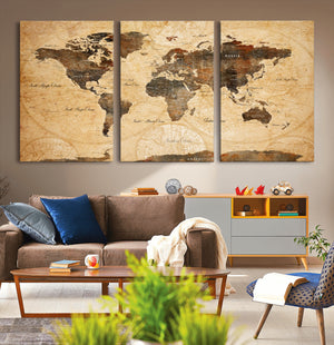 Push Pin World Map Canvas Print – Travel Tracker Wall Art