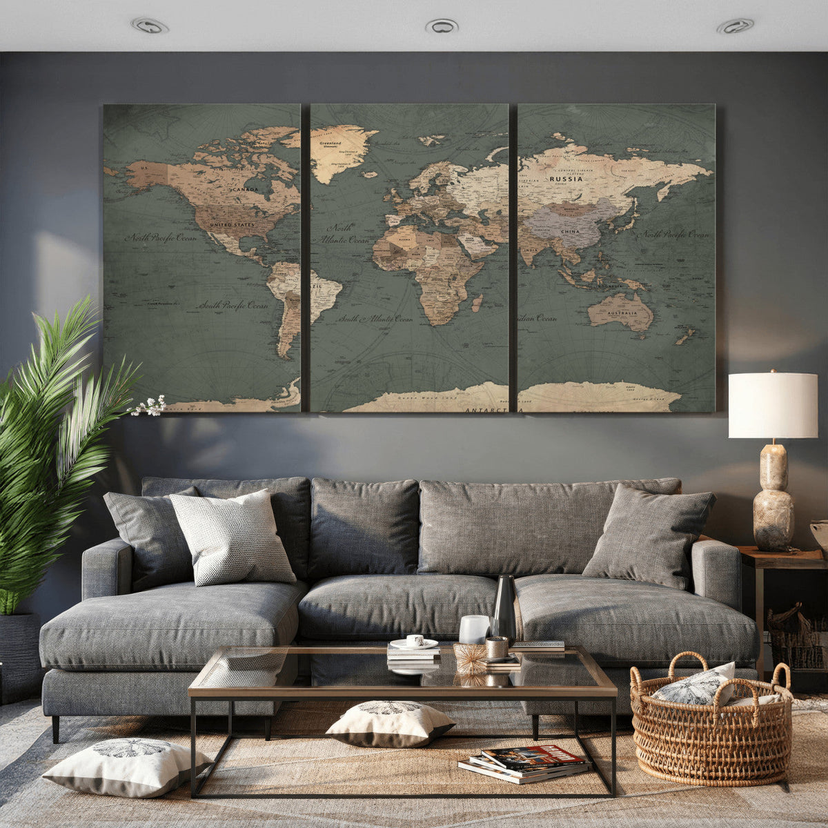Rustic Black and Wood World Map Canvas Wall Art – Framed