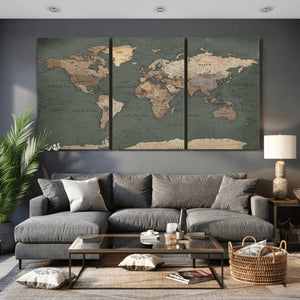 Rustic Black and Wood World Map Canvas Wall Art – Framed
