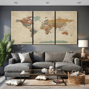 Vintage World Map Canvas Wall Art Print – Framed Modern