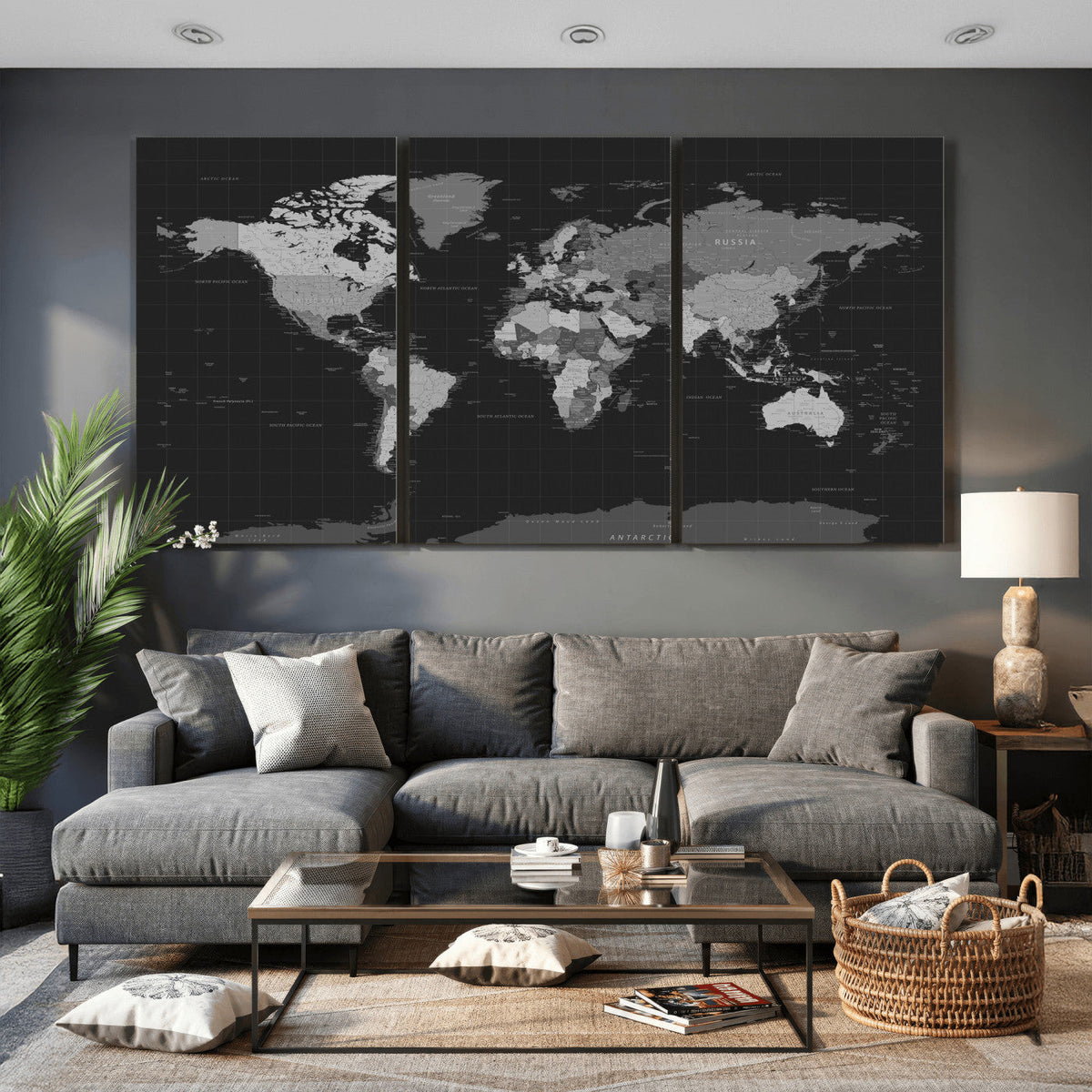 Black World Map Wall Art Canvas Print – Detailed Map of the