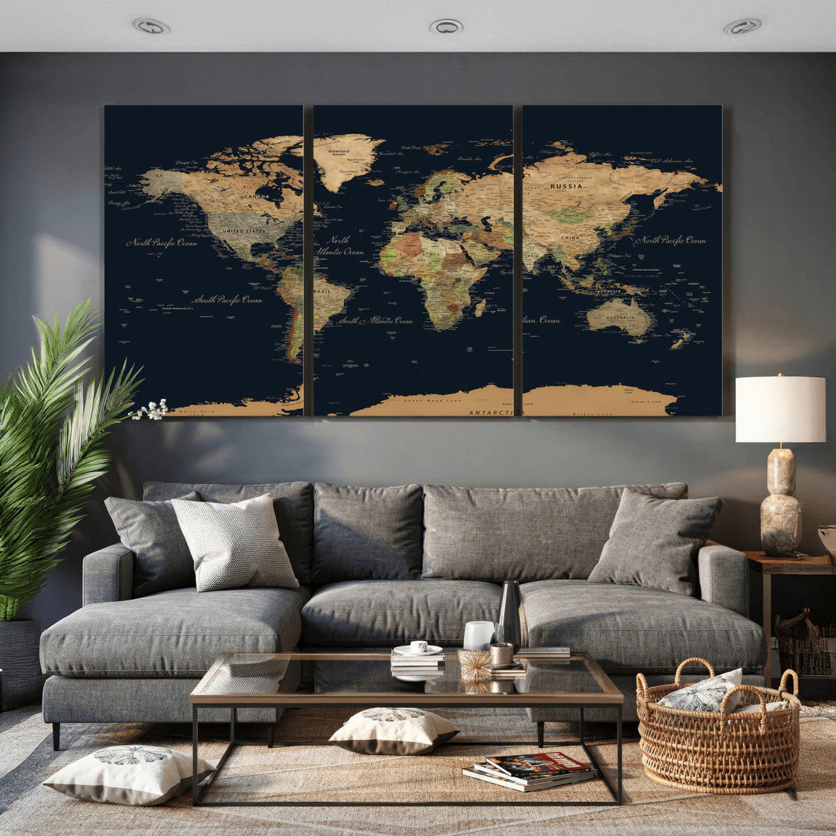 Vintage World Map Canvas on the Dark Background Wall Art