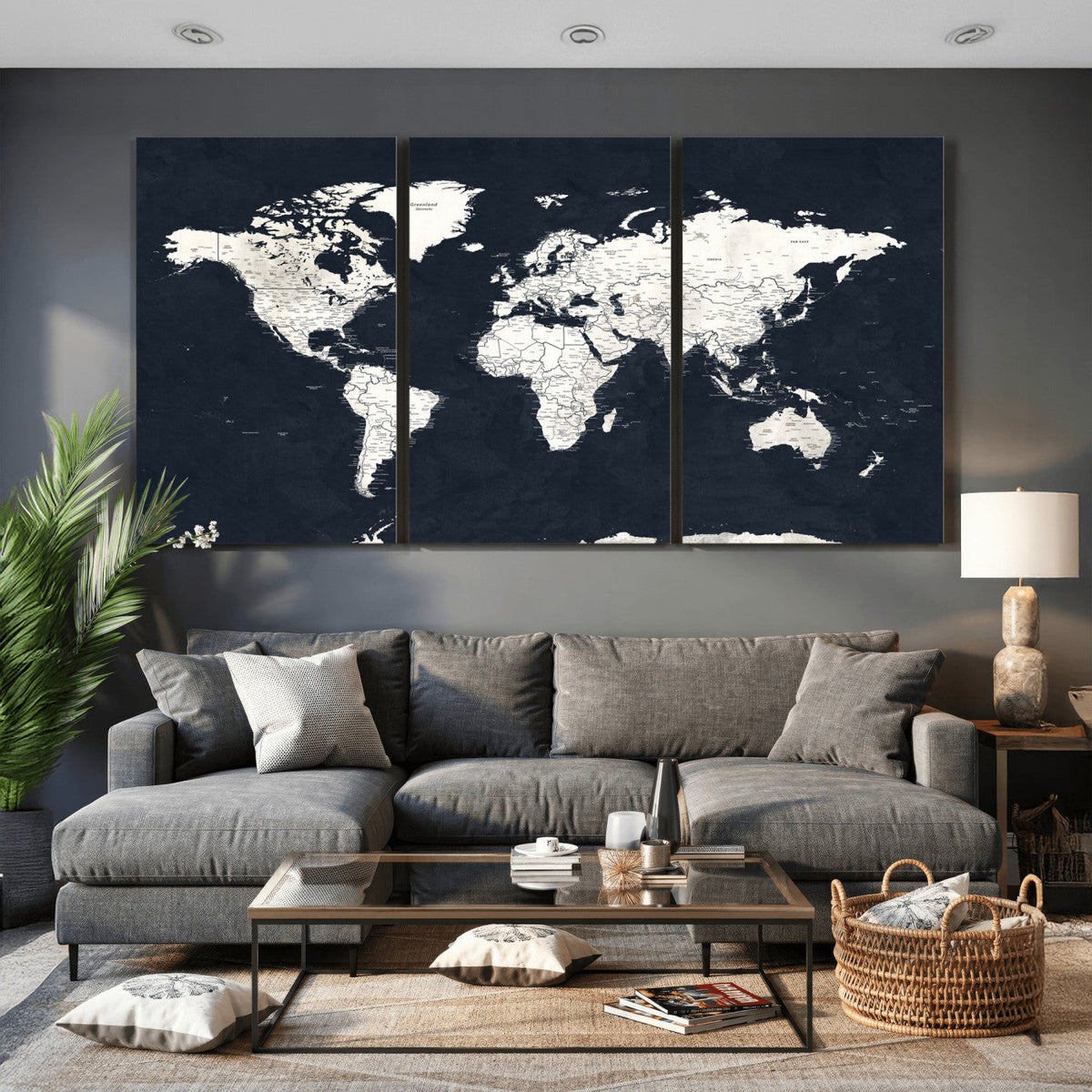 Black World Map Wall Art Canvas Print for Home Office and