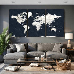 Black World Map Wall Art Canvas Print for Home Office and