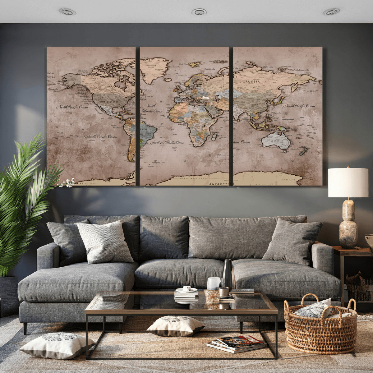 Grunge World Map Canvas Wall Art - Vintage Aged World Map